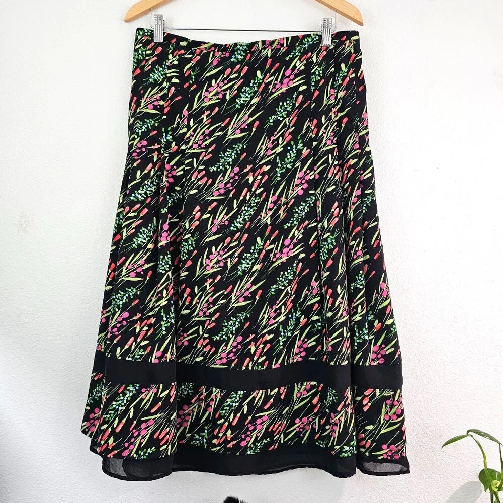 American Vintage Floral Garden Midi Skirt Sz 12 Black Pink Trim Casual Work Boho